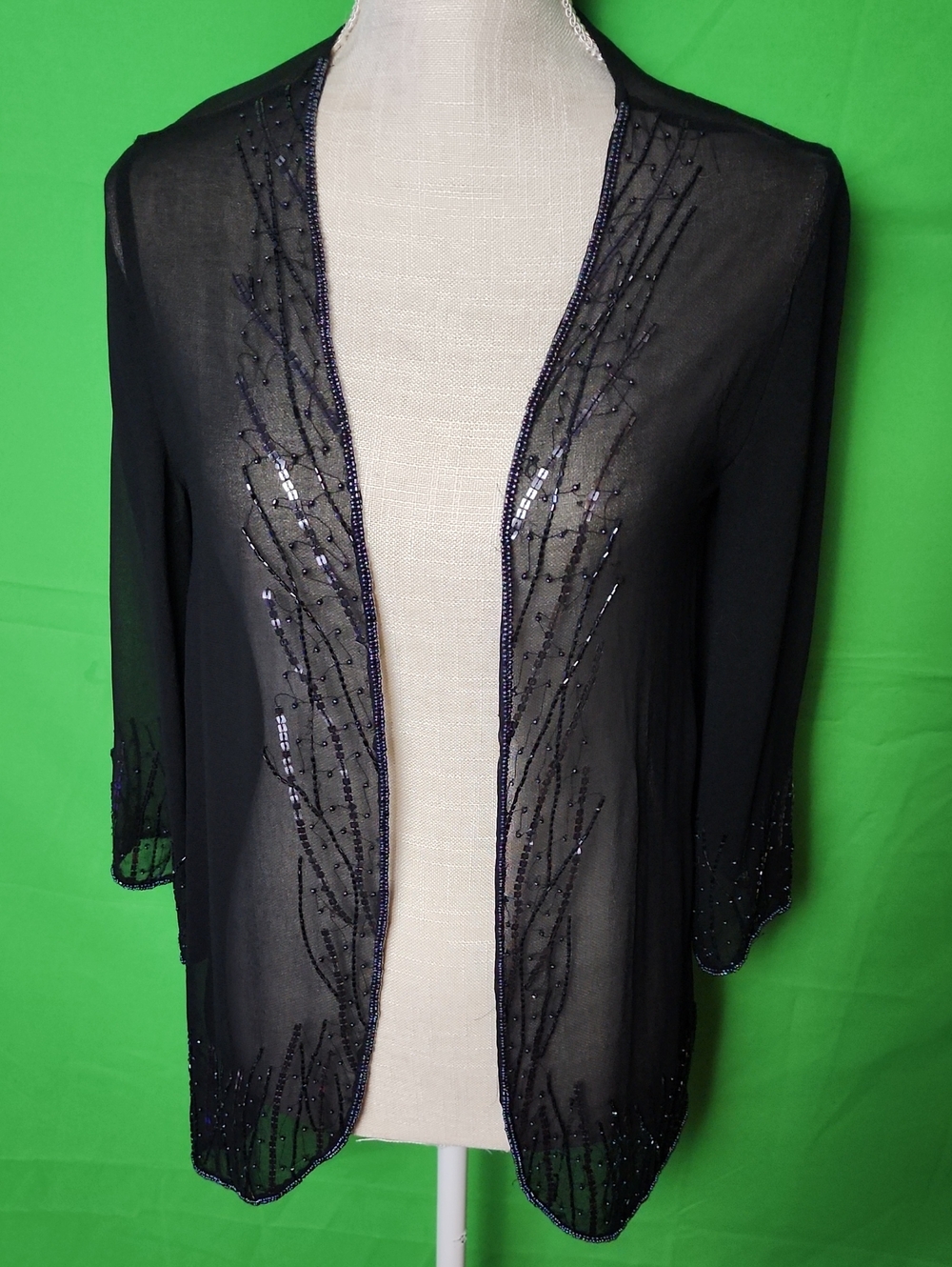 BKE Boutique Black Sheer Beaded Open Front Topper Jacket Cardigan M